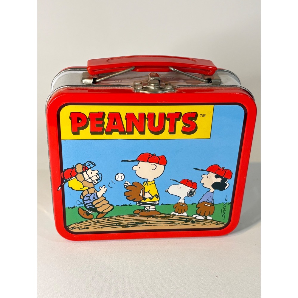 Peanuts Charlie Brown Snoopy Baseball Metal Lunch Box Small Tin Red Handle